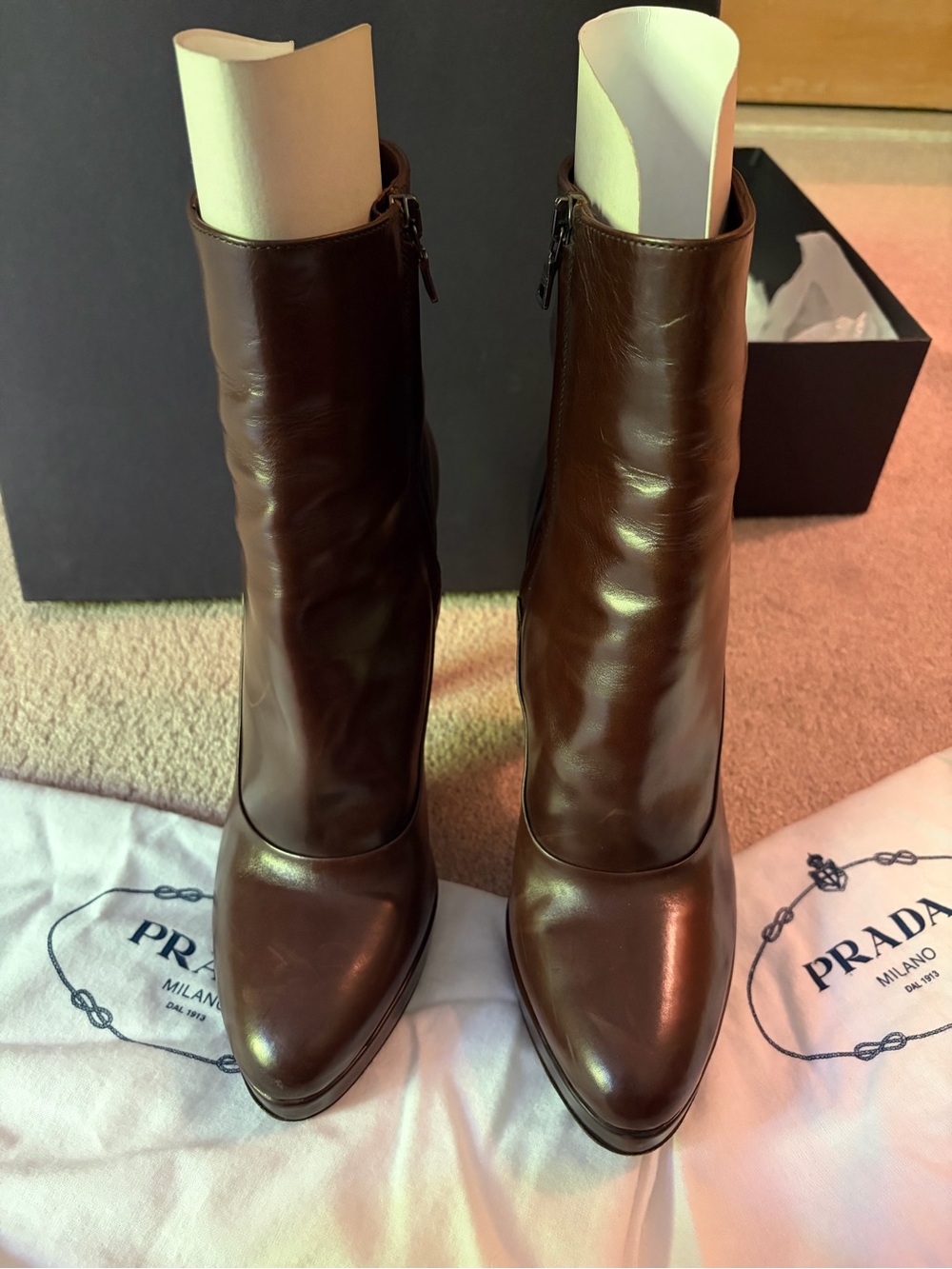 Prada Dark Brown Leather Platform Ankle Boots - Picture 2 of 8